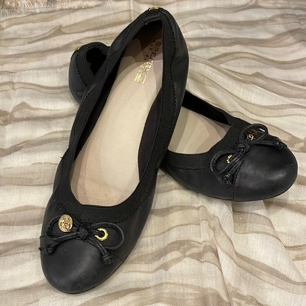 Sperry Black Flats with Gold Accents